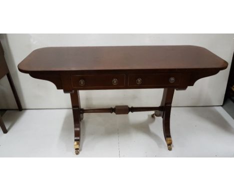 Inlaid mahogany low-sized Sofa Table, with 2 drawers and brass knobs, stretcher, 50”w x 19”d x 26”h