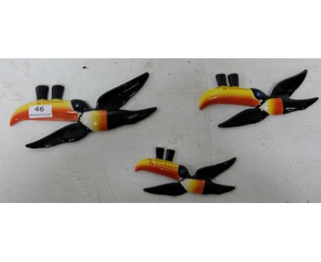 3 x “My Goodness, my Guinness” flying toucans, graduating size, wall hanging, handpainted Carltonware, 10”, 8.5” and 6” wide 