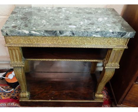 19thC Gilt Console Table, the rectangular green marble top over a foliate carved apron and simulated rosewood shelf and base,