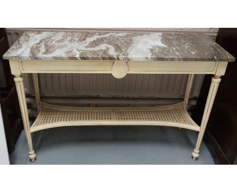 Painted Pine Side Table, with a fine brown marble top over the cream painted base and a bergere stretcher shelf, 2.1mWx 80cmH