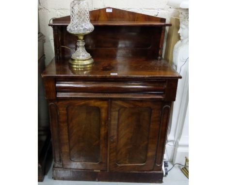 William IV mahogany Chiffonier, the raised and pointed gallery having a shelf, over 2 panelled doors enclosing shelves, 31”w 