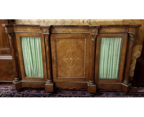 Fine Quality 19thC Walnut Credenza, the breakfront top over a central cabinet and 2 glazed side cabinets, finely inlaid, with