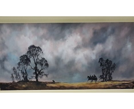 K LEE, oil on board, “Riding out at Dawn”, 43cmW x 90cmH, in a contemporary silvered frame