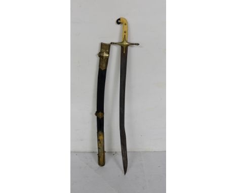 Antique Military Sword – the curved blade in a leather scabbard with brass mounts and circular rings, stamped “Prosser, Londo