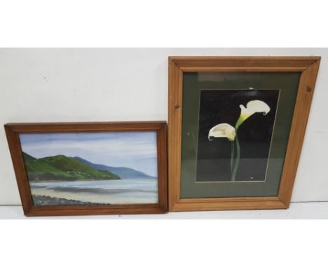 2 Pictures – watercolour of Lillies, initialled S.B. &amp; oil, Seascape (2)