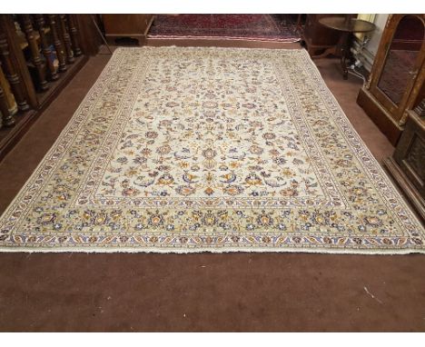 Large Light Green Ground Persian Wool Kashan Carpet, with a traditional all-over design, 3.55m x 2.50m