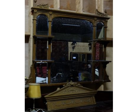 Victorian carved Giltwood Overmantle (repaired finial), 6 bevelled mirrors around a central large mirror, 57"w x 51"h