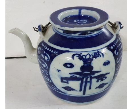 Large Blue and White Oriental Style Teapot, with a carrying handle (chip to spout), 20cmH x 28cmW