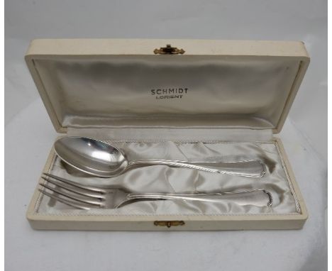 Matching French Silver Spoon and Fork Set, hallmarked, engraved “Isabelle”, in original presentation case – “Schmidt, Lorient