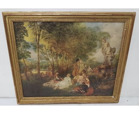2 French Pictures - early 19thC Lithograph – winged cherub 56 x 45cm &amp; an Oleograph – 18thC French Family Garden Scene, f