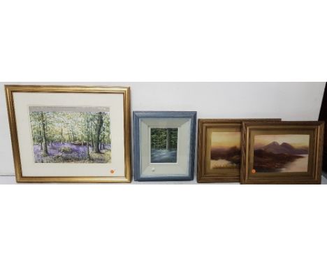 2 watercolours - Bluebells in forest, one signed K O'Connor, one signed Lee Crowe and pair of oils - landscapes (4)