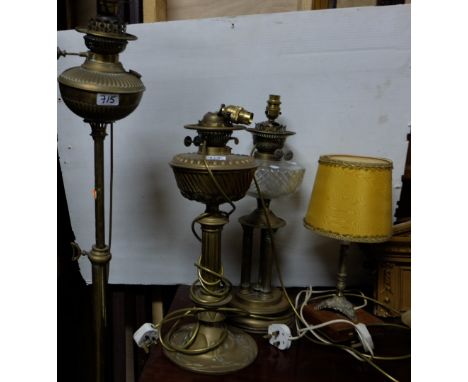 2 x electrified brass oil lamps, one with glass bowl and a small later brass table lamp &amp; a tall brass standard oil lamp 