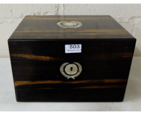 19thC Coramandal Travelling Vanity Box, nicely decorated with mother of pearl, various powder boxes inside, with plated tops