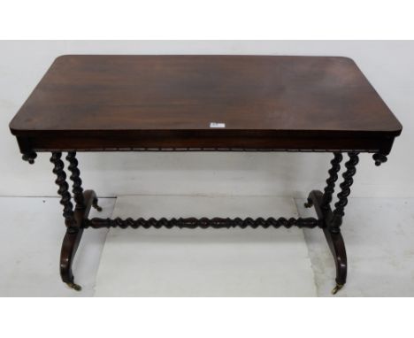 19thC Rosewood Sofa Table, with barley twist side supports and stretcher, on four c-shaped legs, castors, 42”w x 22”d x 28”h