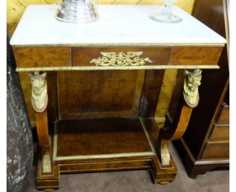 Empire Style Side/Console Table, with a white marble top over lion masked cabriole legs, stretcher shelf, 32”w x 20”d x 36”h