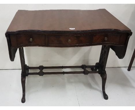 Good quality late 19thC mahogany Sofa Table, with butterfly shaped drop ends, 3 drawers, on fretwork supports, double stretch