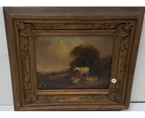 George Vicat Cole RA English, 1833-1893, oil on panel, farmyard animals in natural landscape, 23cm x 30cm in a moulded gilt f