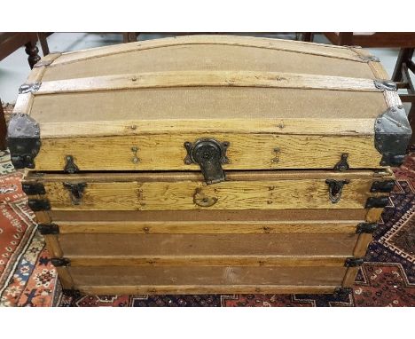Old Timber and Canvas Dome-Topped Trunk, with cotton lining, 33”w x 22”d x 24”h