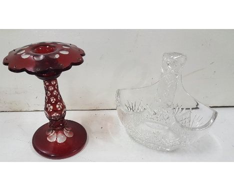 Old Irish Cut Crystal Decanter, 3 moulded glass shell -shaped Serving Dishes (1 chipped), red glass epergne base, Kilkenny cr