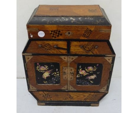 Lacquered papier mache jewellery cabinet, with hinged lid over 2 drawers &amp; 2 mother of pearl/shell bird/floral designed d