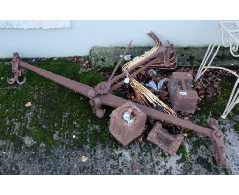 Cast Iron balance scales, 3 large weights and a bundle of steel hinges