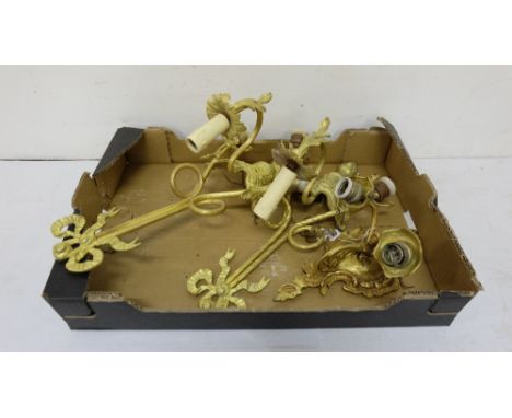 Pair of gilt wall lights with ribbon finials &amp; a single gilt wall light (3)