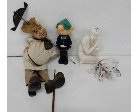 String Puppet “Sebastian”, Andy Capp 1969 plastic ornament, Goebel Nude Figurine (hairline crack on leg) &amp; ceramic cat (4