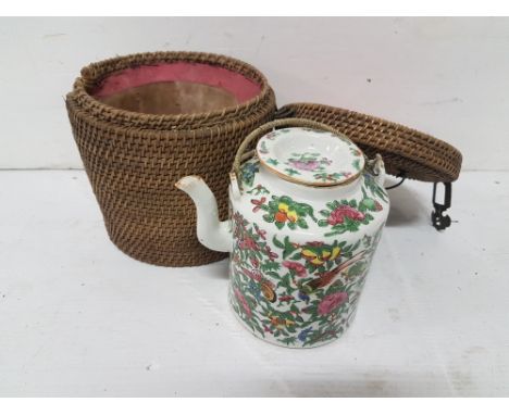 Japanese Teapot, decorated with pink flowers, butterflies, carrying handle and an original wicker carrying basket (2)