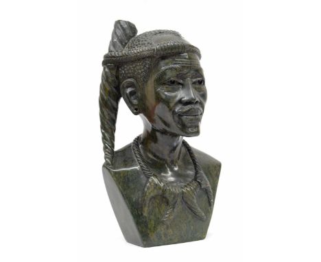 Elliott Katombera, Zimbabwe -&nbsp;carved stone figural bust sculpture of an African tribal gentleman, possibly of the Shona 