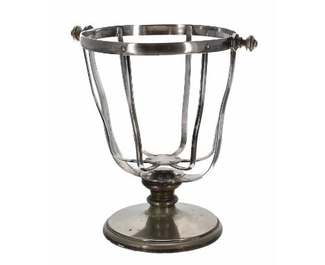 Silver plated rotating&nbsp;and tilt swinging champagne/wine pouring cradle,&nbsp;stamped 'Milano K I' to the base, 10" high,