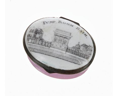 Late 18th/early&nbsp;19th century Staffordshire enamel patch box,&nbsp;the hinged cover with a monochrome architectural prosp