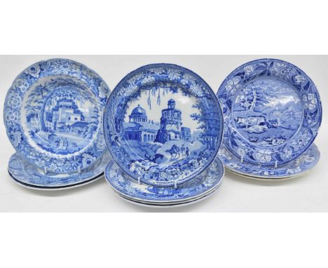 Ten assorted English blue and white porcelain transfer print plates,&nbsp;including 19th century by Rogers, Copeland etc. 10"