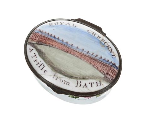 Late 18th/early&nbsp;19th century Staffordshire enamel patch box,&nbsp;the hinged cover with a colour prospect image of The R
