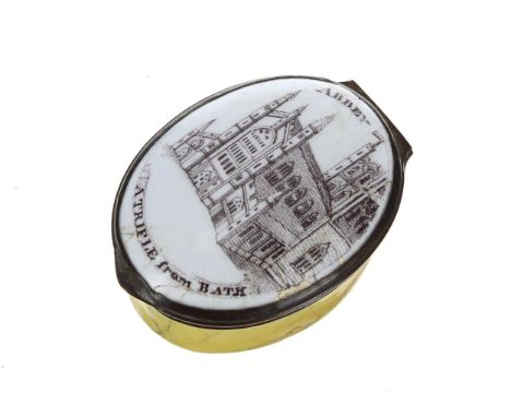 Late 18th/early&nbsp;19th century Staffordshire enamel patch box,&nbsp;the hinged cover with a monochrome image inscribed 'Ab