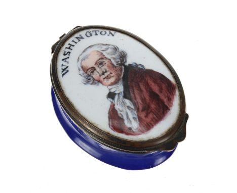 Late 18th/early&nbsp;19th century Staffordshire enamel patch box,&nbsp;the hinged cover with a portrait in colour of George W