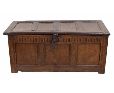 18th century and later oak coffer, the hinged four panel top enclosing a open interior, over a triple panel front with arcade