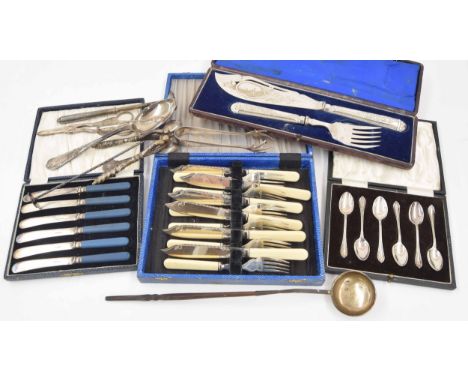 Group of assorted silver plated flatware; cased fish serve set, cased set of six fish knives and forks, cased set of Mappin &