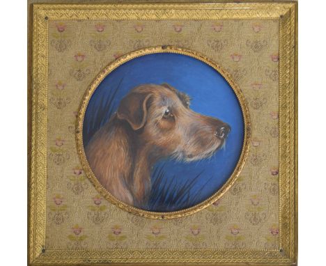 English School 20th century, portrait miniature of a dog, head and shoulders, watercolour and gouache, circular 3.5" diameter