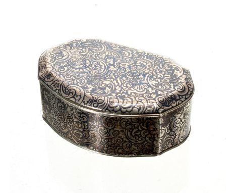 Russian silver niello snuff box, with typical dense all-over scroll decoration, the interior gilt, bearing a small mark to th