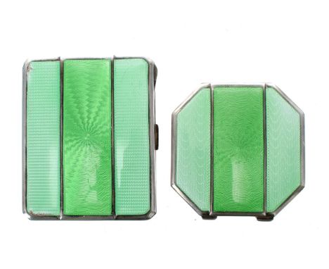 Mappin &amp; Webb silver and green guilloche enamel compact and matching cigarette case, Birmingham 1933 (Jubilee mark), the 