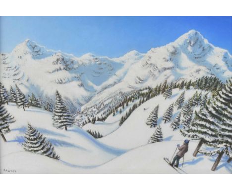 Jonathan Armigel Wade (b. 1960) - 'The Way Down', a winter landscape with a Skier in the foreground, another Skier in the dis