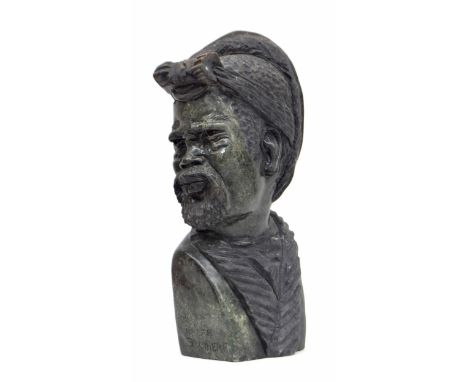 Caleb Samhere, Zimbabwe -&nbsp;carved stone figural bust sculpture of an African tribal gentleman, possibly of the Shona trib