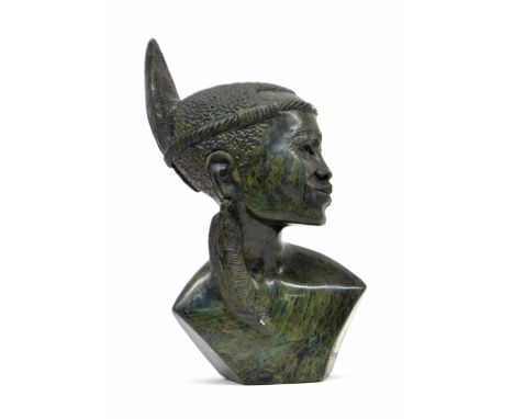 Elliott Katombera, Zimbabwe -&nbsp;carved stone figural bust sculpture of an African tribal gentleman wearing a head dress, s