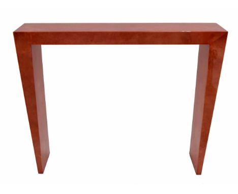 Modern 'Goatskin' effect&nbsp;lacquered&nbsp;console table,&nbsp;red, with tapering legs, 45" wide, 9" deep, 36" high - ** wi