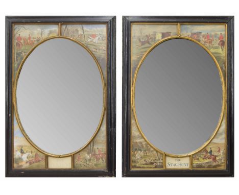Pair of decorative wall mirrors, each with an oval glass within a divided frame panelled with colour hunting prints, titled '
