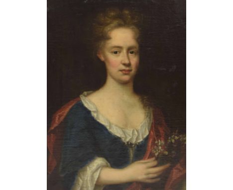 English School (18th century) - Portrait of a lady half length wearing a blue dress, red shawl and holding a posy of flowers 