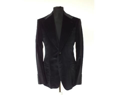 A Gucci jacket, navy, velvet, patch pockets, lined, double vent, Italian size 50R, 70% cotton, 30% silk