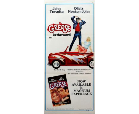 Original vintage movie poster for the teenage musical romance film, Grease, starring John Travolta as Danny (T-Birds) and Oli