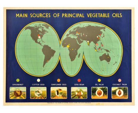 Original vintage educational school room poster showing the main sources of principle vegetable oils including groundnut, cot
