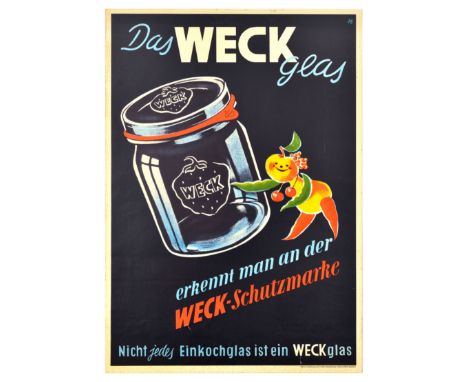Original vintage advertising poster for Weck mason jars for food preservation featuring an adorable illustration of a fruit m